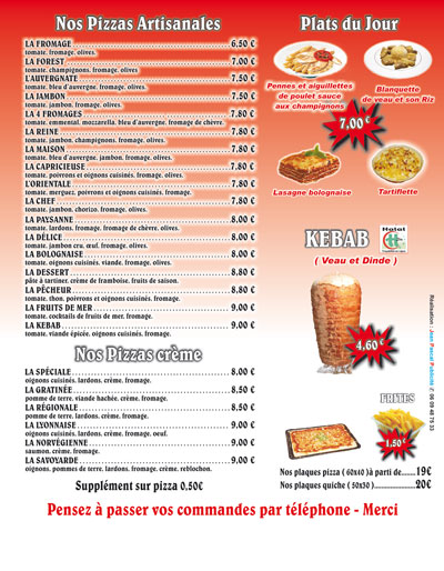 Menu Pizzeria